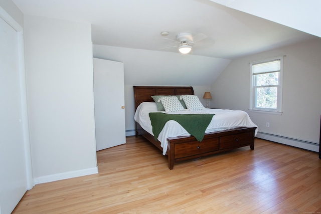 95 Hop Brook Rd, Simsbury, CT 06070 - bedroom with baseboard heating, light wood-type flooring, vaulted ceiling, ceiling fan, and baseboards