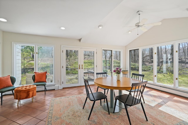 sunroom featuring a baseboard heating unit, french doors, tile patterned floors, and recessed lighting