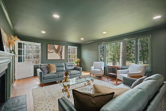 living area featuring a fireplace with flush hearth, ornamental molding, and recessed lighting
