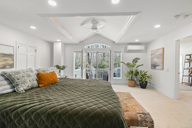 bedroom featuring an AC wall unit, access to exterior, baseboards, carpet, and recessed lighting
