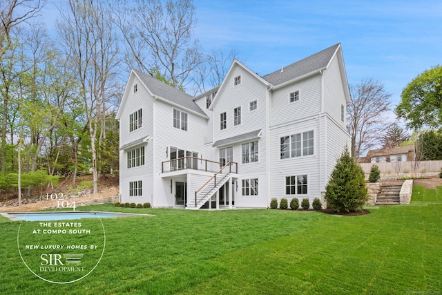 102 Compo Rd S, Westport, CT 06880 - rear view of house featuring stairway, fence, a lawn, and a deck