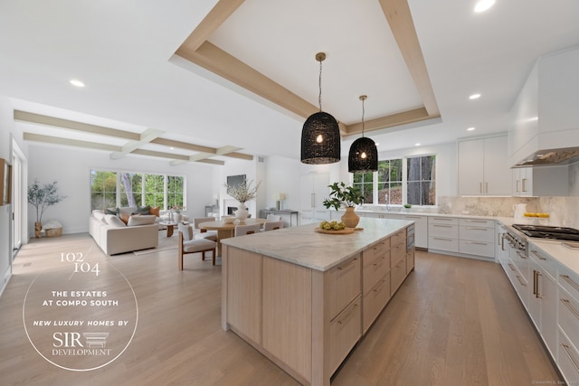 102 Compo Rd S, Westport, CT 06880 - kitchen featuring light wood-style floors, modern cabinets, backsplash, stainless steel gas stovetop, and recessed lighting
