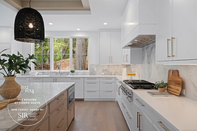 102 Compo Rd S, Westport, CT 06880 - kitchen with recessed lighting, a sink, custom range hood, light wood-style floors, and stainless steel appliances