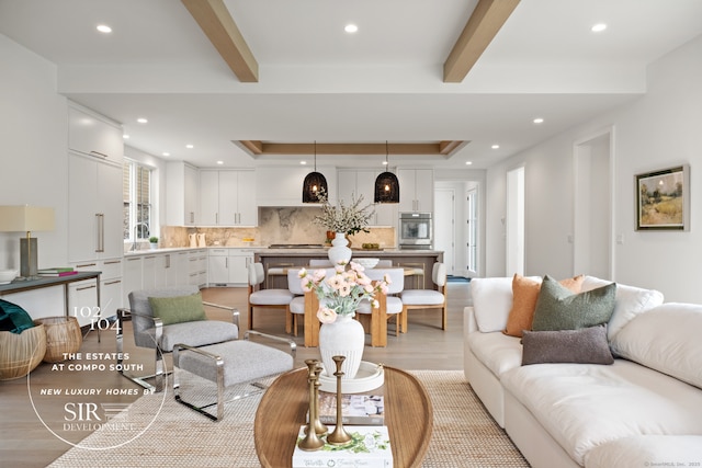 102 Compo Rd S, Westport, CT 06880 - living room featuring beamed ceiling, light wood-style floors, and recessed lighting