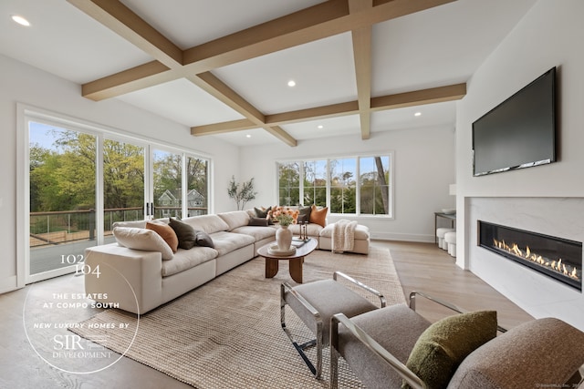 102 Compo Rd S, Westport, CT 06880 - living area featuring recessed lighting, coffered ceiling, a glass covered fireplace, beam ceiling, and light wood-type flooring