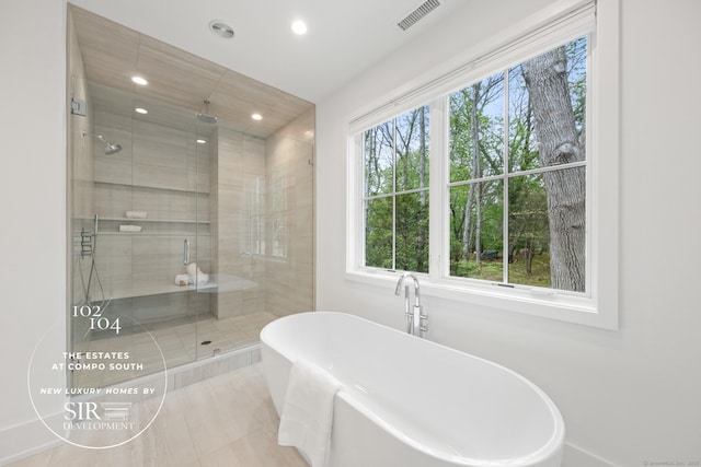 102 Compo Rd S, Westport, CT 06880 - full bath featuring visible vents, tile patterned floors, a stall shower, recessed lighting, and a freestanding bath