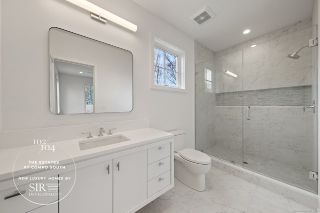 102 Compo Rd S, Westport, CT 06880 - full bathroom featuring toilet, marble finish floor, vanity, a marble finish shower, and recessed lighting