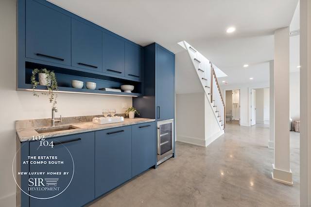 102 Compo Rd S, Westport, CT 06880 - bar featuring recessed lighting, beverage cooler, a sink, finished concrete floors, and indoor wet bar