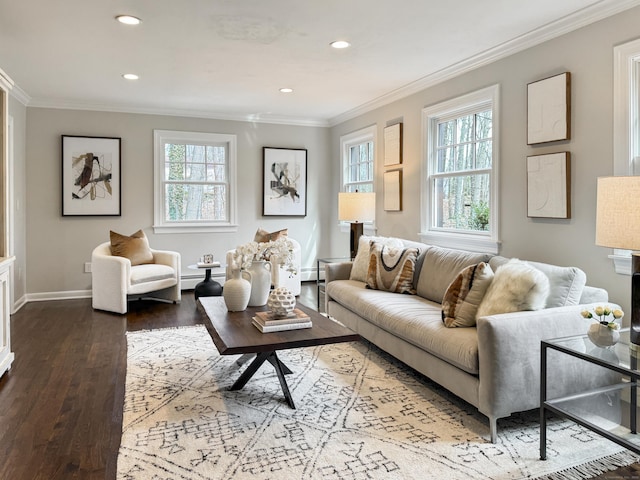 18 Cardinal Rd, Weston, CT 06883 - living area with wood-type flooring, ornamental molding, recessed lighting, a baseboard radiator, and baseboard heating