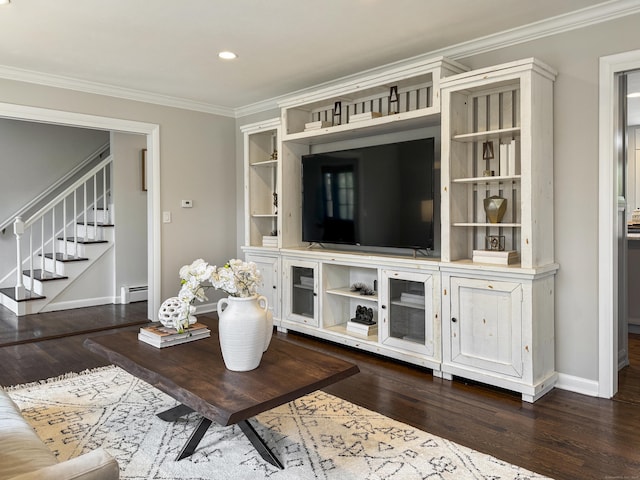 18 Cardinal Rd, Weston, CT 06883 - living room with ornamental molding, a baseboard heating unit, dark wood-style floors, stairway, and recessed lighting