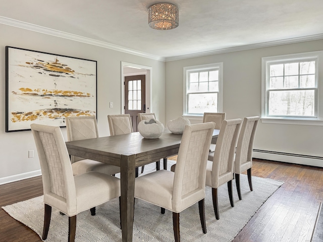 18 Cardinal Rd, Weston, CT 06883 - dining area featuring a baseboard radiator, ornamental molding, and hardwood / wood-style flooring