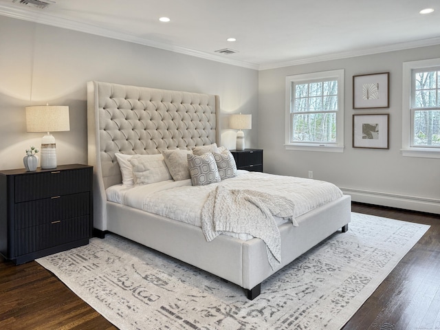 18 Cardinal Rd, Weston, CT 06883 - bedroom with baseboard heating, crown molding, dark wood-style floors, and recessed lighting