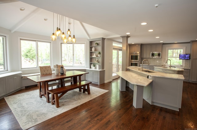 18 Cardinal Rd, Weston, CT 06883 - dining room featuring recessed lighting, dark wood-style floors, a chandelier, and beamed ceiling