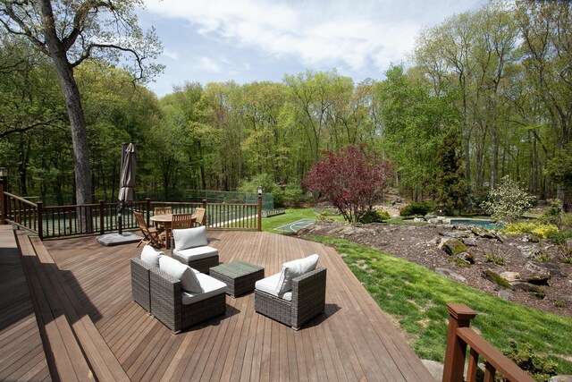 18 Cardinal Rd, Weston, CT 06883 - wooden terrace with an outdoor pool, a forest view, and an outdoor living space