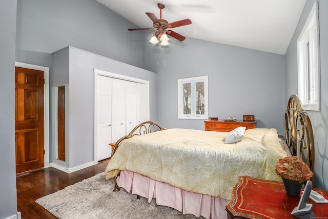 594 Barrack Hill Rd, Ridgefield, CT 06877 - bedroom featuring wood finished floors, a closet, high vaulted ceiling, a ceiling fan, and baseboards
