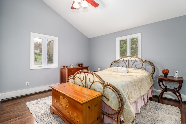 594 Barrack Hill Rd, Ridgefield, CT 06877 - bedroom with vaulted ceiling, baseboards, dark wood-type flooring, ceiling fan, and a baseboard heating unit