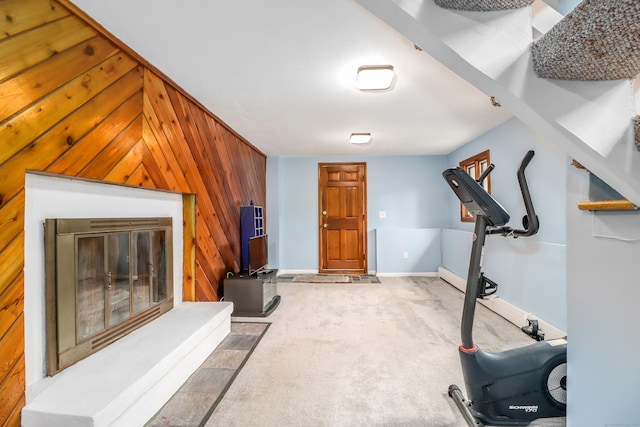 594 Barrack Hill Rd, Ridgefield, CT 06877 - exercise area featuring wood walls, carpet floors, and baseboards