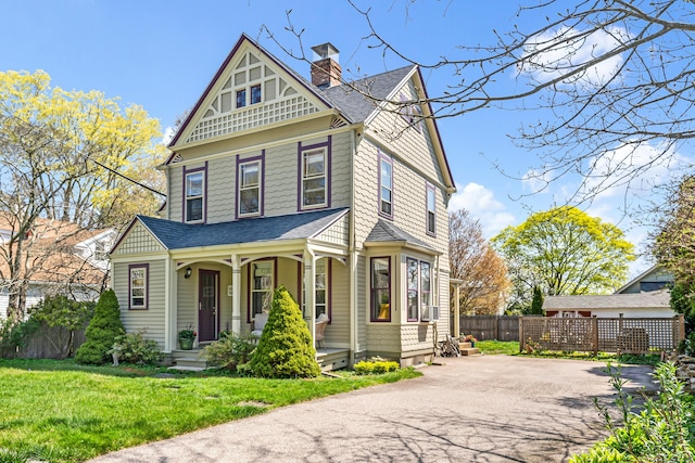 victorian home featuring roof with shingles, fence, a front lawn, a chimney, and covered porch