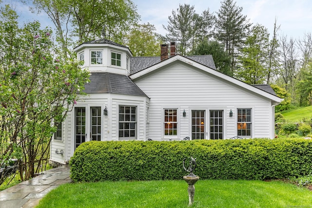 341 Housatonic River Rd, Salisbury, CT 06068 - rear view of house with a shingled roof, a chimney, and a yard