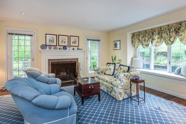 341 Housatonic River Rd, Salisbury, CT 06068 - living area featuring plenty of natural light, ornamental molding, dark wood-style flooring, and baseboards