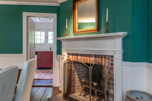 341 Housatonic River Rd, Salisbury, CT 06068 - detailed view of a brick fireplace, crown molding, wood finished floors, and wainscoting