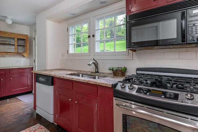 341 Housatonic River Rd, Salisbury, CT 06068 - kitchen featuring black microwave, stainless steel range with gas stovetop, a sink, dishwasher, and backsplash