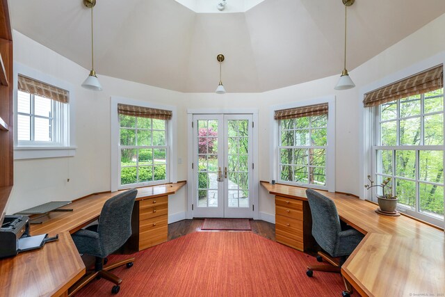 341 Housatonic River Rd, Salisbury, CT 06068 - office area with french doors, wood finished floors, built in desk, and high vaulted ceiling