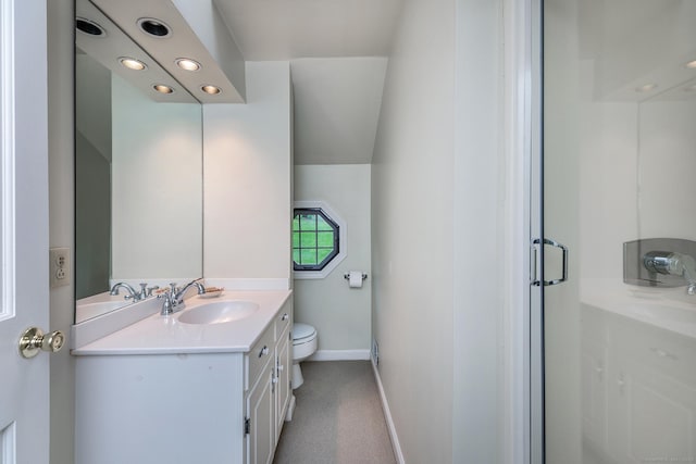 341 Housatonic River Rd, Salisbury, CT 06068 - full bath featuring vanity, toilet, recessed lighting, baseboards, and a stall shower