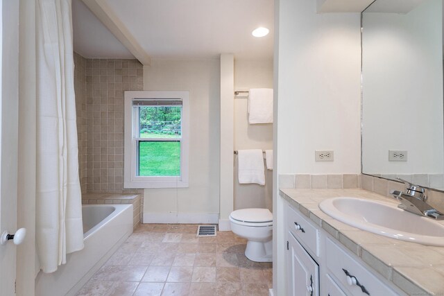 341 Housatonic River Rd, Salisbury, CT 06068 - full bath with toilet, vanity, baseboards, and shower / bath combination with curtain