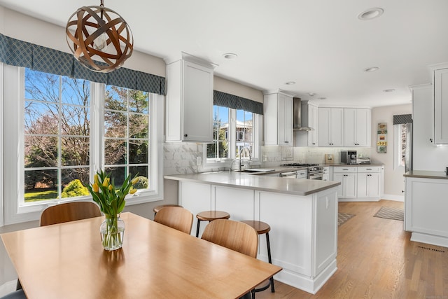 kitchen with stainless steel range with gas stovetop, decorative backsplash, a sink, and wall chimney exhaust hood