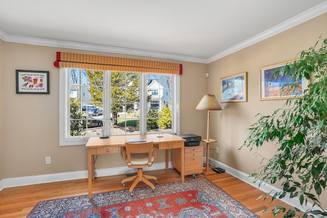 office area featuring crown molding, baseboards, and wood finished floors