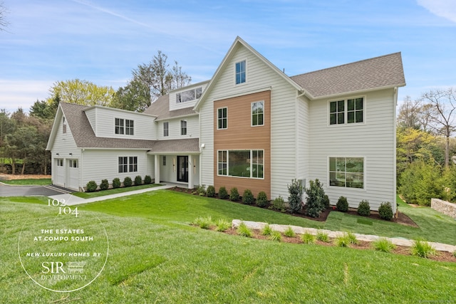 104 Compo Rd S, Westport, CT 06880 - view of front of property featuring a shingled roof, a garage, driveway, and a front yard