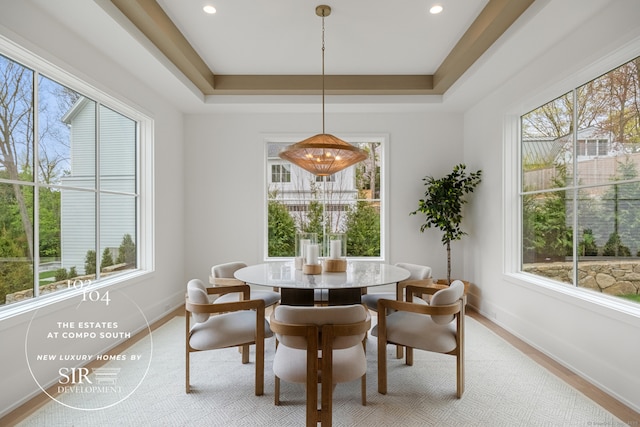 104 Compo Rd S, Westport, CT 06880 - dining area with a tray ceiling, baseboards, light wood-type flooring, and recessed lighting
