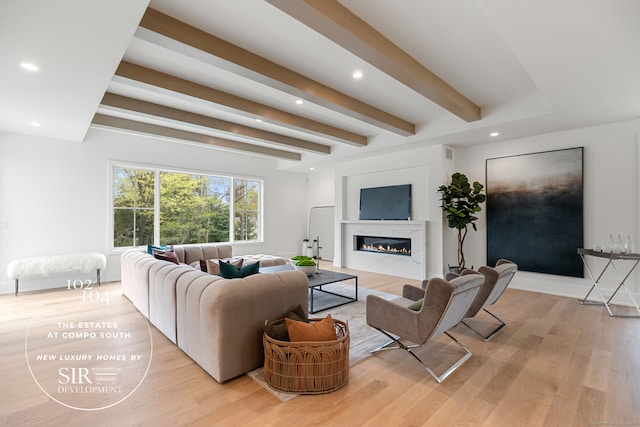 104 Compo Rd S, Westport, CT 06880 - living room featuring beam ceiling, visible vents, recessed lighting, a fireplace, and light wood finished floors