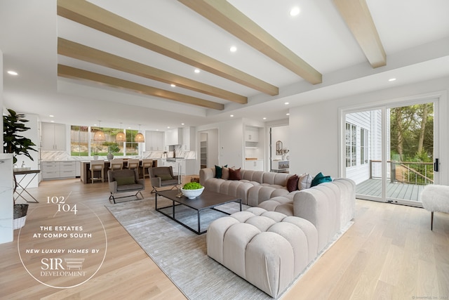 104 Compo Rd S, Westport, CT 06880 - living area with light wood-style floors, beam ceiling, and recessed lighting