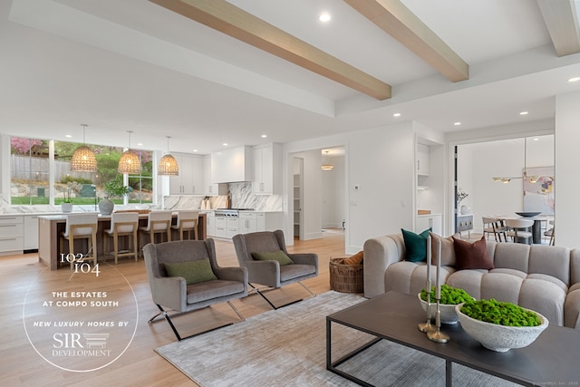 104 Compo Rd S, Westport, CT 06880 - living room with recessed lighting, beam ceiling, and light wood-type flooring