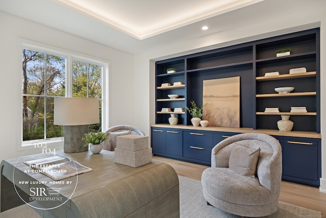 104 Compo Rd S, Westport, CT 06880 - home office with a tray ceiling, recessed lighting, light wood-type flooring, and built in features