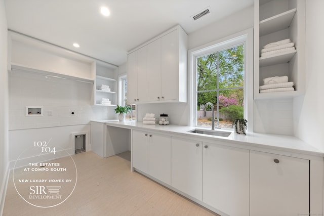 104 Compo Rd S, Westport, CT 06880 - kitchen featuring a sink, open shelves, white cabinetry, visible vents, and decorative backsplash