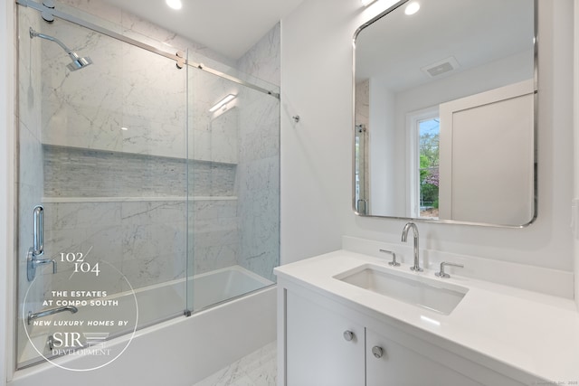 104 Compo Rd S, Westport, CT 06880 - full bathroom with marble finish floor, vanity, shower / bath combination with glass door, and visible vents