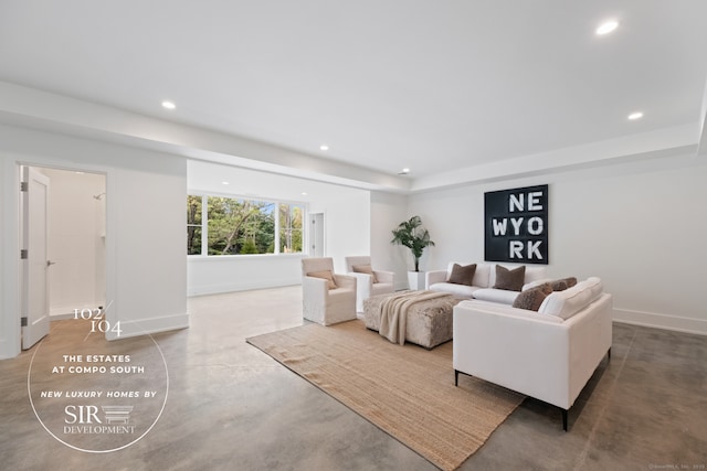 104 Compo Rd S, Westport, CT 06880 - living area with baseboards, a raised ceiling, recessed lighting, and concrete flooring