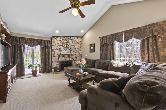 43 Attawanhood Trl, Hebron, CT 06231 - carpeted living room with recessed lighting, ceiling fan, a fireplace, and vaulted ceiling