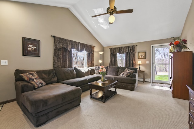 43 Attawanhood Trl, Hebron, CT 06231 - carpeted living room featuring baseboards, a ceiling fan, a baseboard heating unit, and high vaulted ceiling