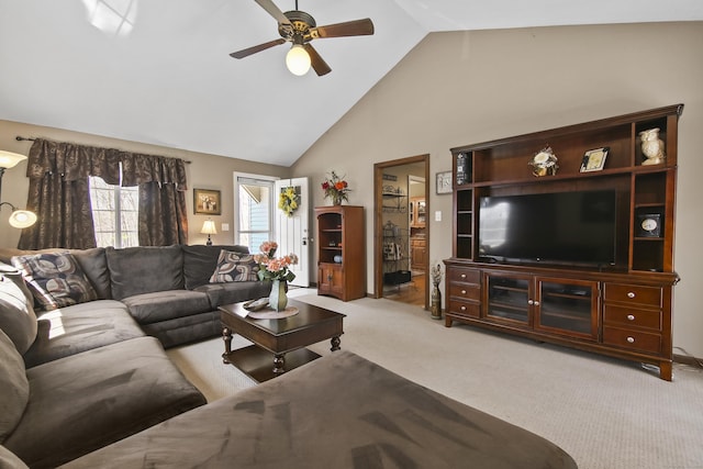 43 Attawanhood Trl, Hebron, CT 06231 - living room with high vaulted ceiling, ceiling fan, and carpet
