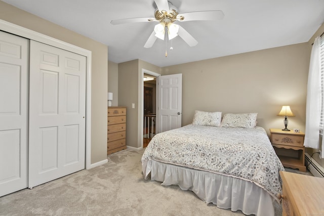 43 Attawanhood Trl, Hebron, CT 06231 - bedroom with a baseboard radiator, a closet, ceiling fan, light colored carpet, and baseboards