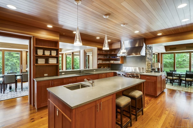 kitchen with brown cabinetry, wall chimney exhaust hood, open shelves, and a sink