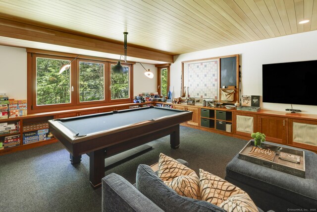 playroom with carpet floors, wood ceiling, and billiards