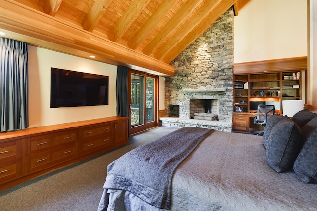bedroom featuring a stone fireplace, beam ceiling, wood ceiling, high vaulted ceiling, and access to outside