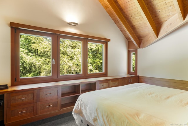 bedroom with wood ceiling and vaulted ceiling with beams
