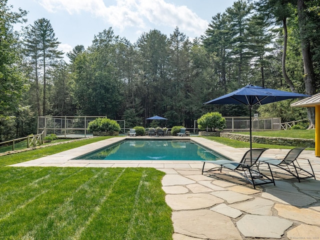 view of swimming pool featuring fence, a patio area, a lawn, and a fenced in pool