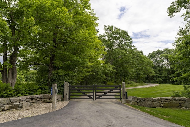 view of gate with a lawn